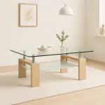 Mesa de centro para living rectangular de vidrio y madera clara