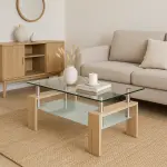 Mesa de centro para living rectangular de vidrio y madera clara - Imagen 6