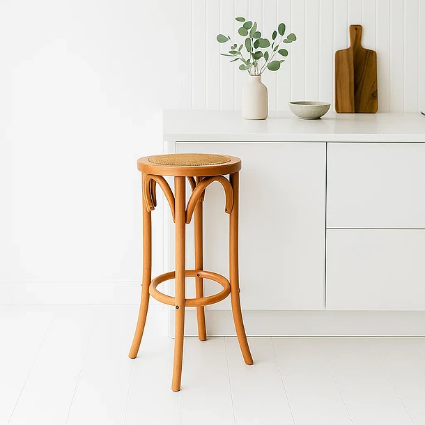 Taburete de Diseño Retro en Madera con Asiento Trenzado